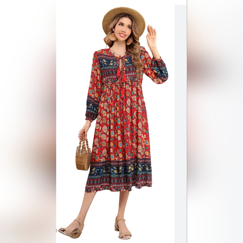 Bohemian Floral‎ Long Sleeve Dress - Red and Blue